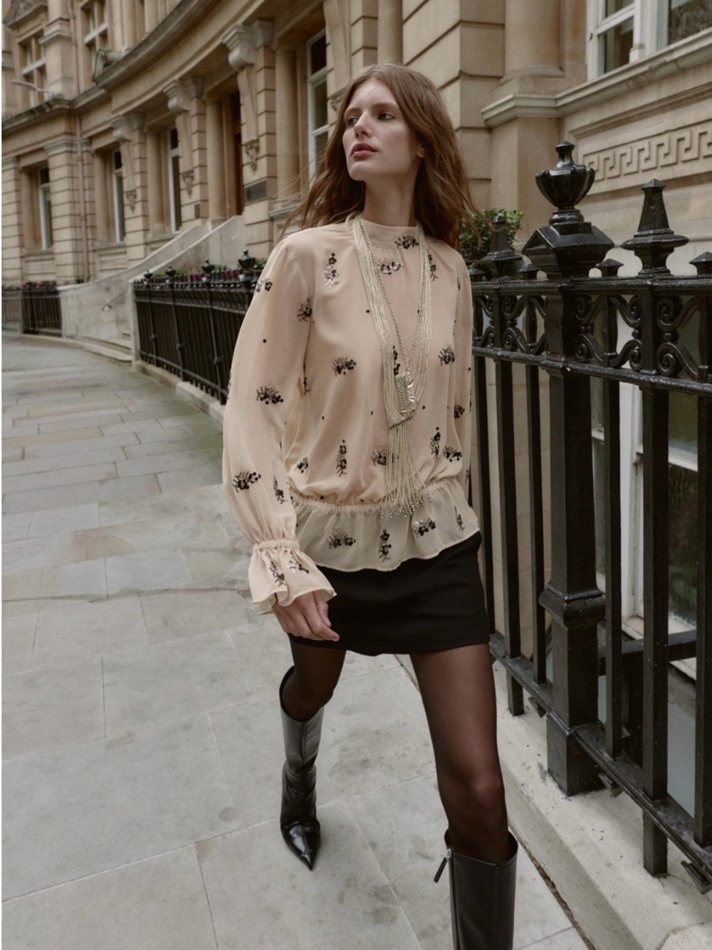 Zara Cream Sheer Blouse with Black Floral Embroidery